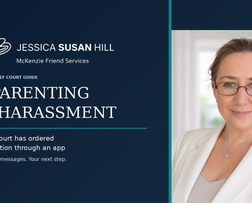 Jessica Susan Hill beside a navy banner headed Co-Parenting App Harassment, with JSH Law’s approved dragonfly logo.