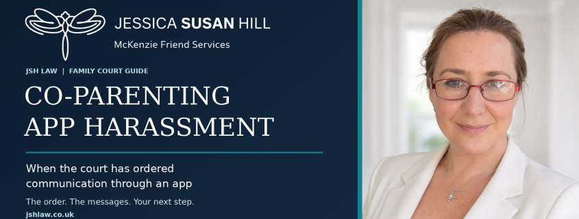 Jessica Susan Hill beside a navy banner headed Co-Parenting App Harassment, with JSH Law’s approved dragonfly logo.