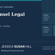CoCounsel Legal — JSH Law independent product review JSH Law cover for CoCounsel Legal, with document illustrations and Jessica Susan Hill’s dragonfly logo.