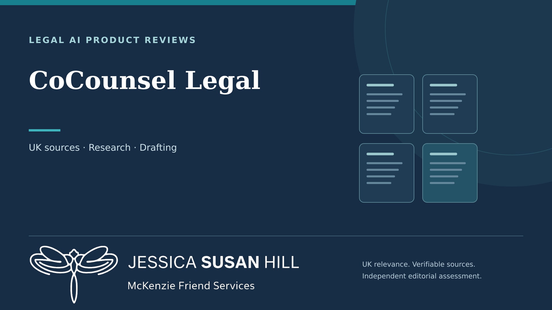 JSH Law cover for CoCounsel Legal, with document illustrations and Jessica Susan Hill’s dragonfly logo.