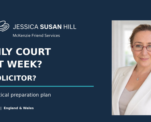 Jessica Susan Hill beside the JSH Law dragonfly logo and the words Family Court Next Week? No Solicitor? on a navy background.
