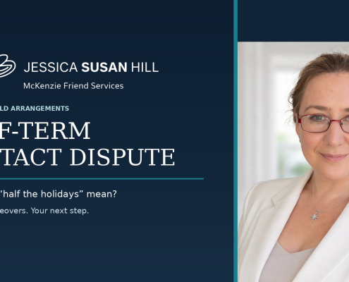 Jessica Susan Hill beside the JSH Law dragonfly logo and the words Half-Term Contact Dispute on a navy background.
