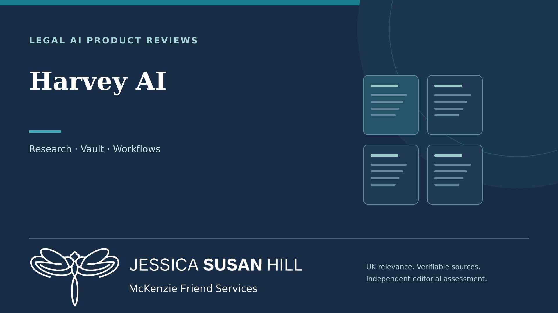 JSH Law cover for Harvey AI, with document illustrations and Jessica Susan Hill’s dragonfly logo.