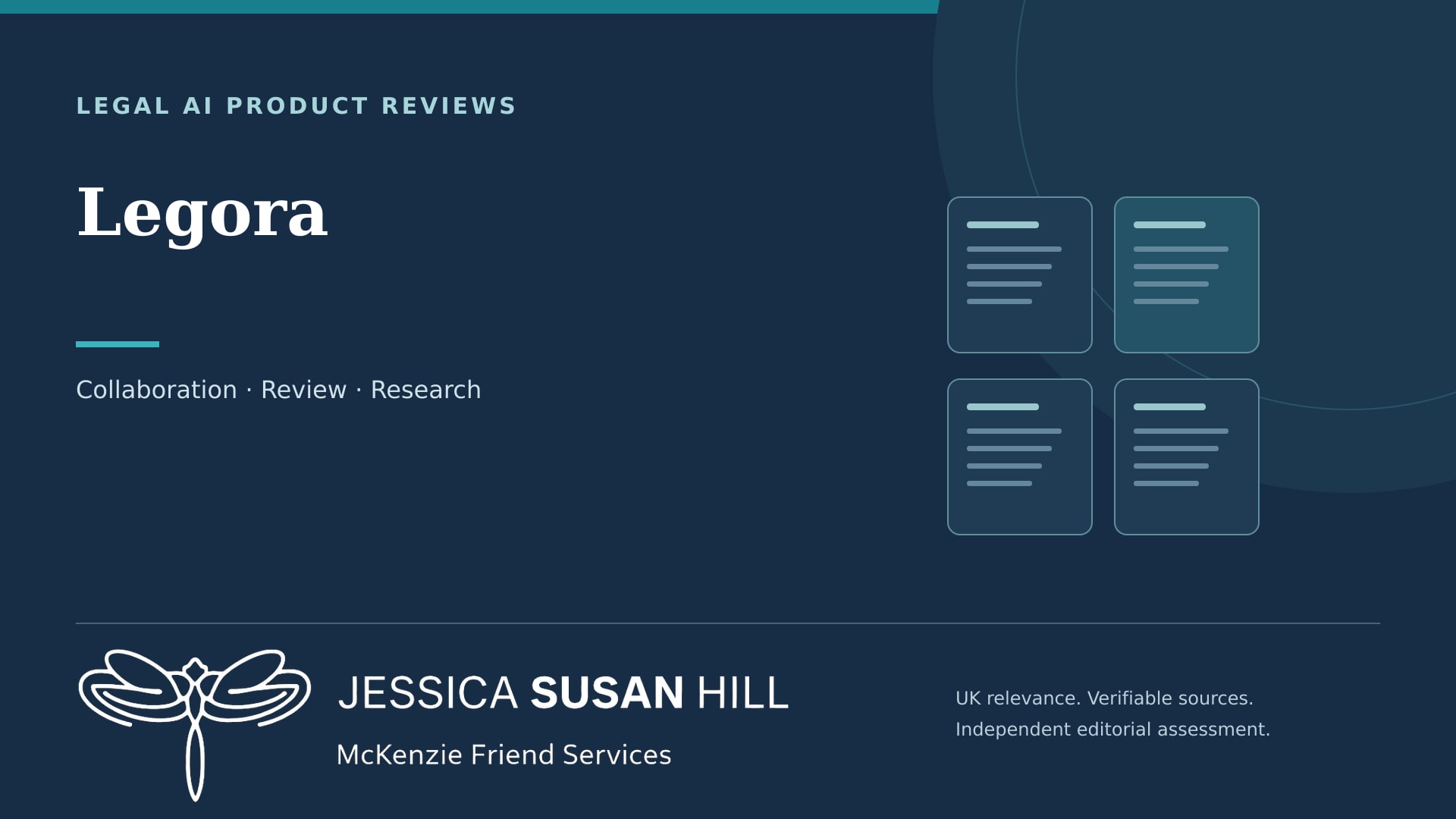 JSH Law cover for Legora, with document illustrations and Jessica Susan Hill’s dragonfly logo.