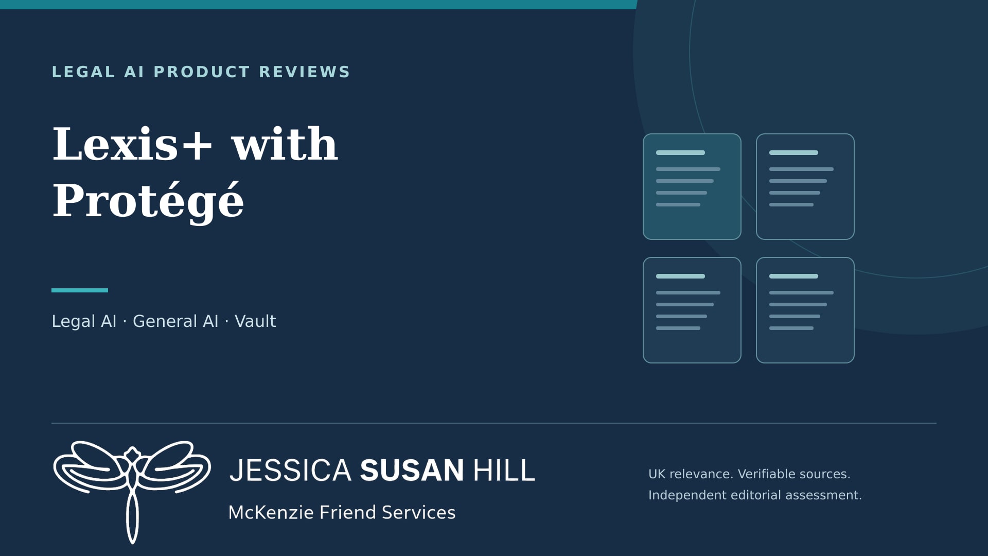 JSH Law cover for Lexis+ with Protégé, with document illustrations and Jessica Susan Hill’s dragonfly logo.