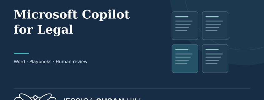 JSH Law cover for Microsoft Copilot for Legal, with document illustrations and Jessica Susan Hill’s dragonfly logo.
