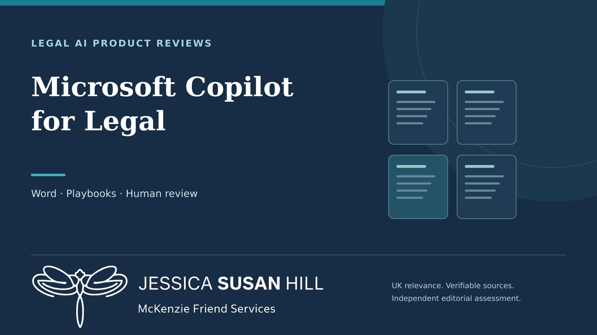 JSH Law cover for Microsoft Copilot for Legal, with document illustrations and Jessica Susan Hill’s dragonfly logo.