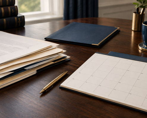 An organised family court case folder, diary and papers, illustrating practical steps after problems with unregulated litigation support.