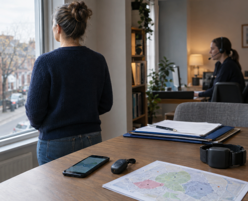 Person looking out of a window while a headset-wearing colleague works at a desk with maps and tracking devices nearby