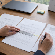 Person reviewing documents with a ruler and pen at a desk