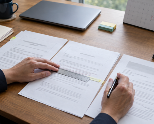 Person reviewing documents with a ruler and pen at a desk