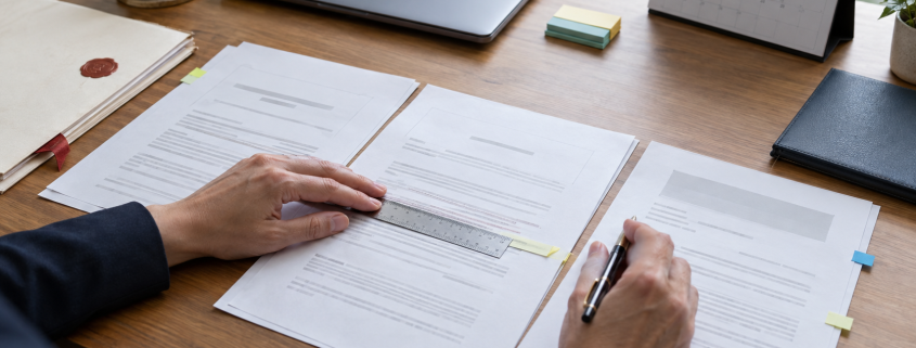 Person reviewing documents with a ruler and pen at a desk