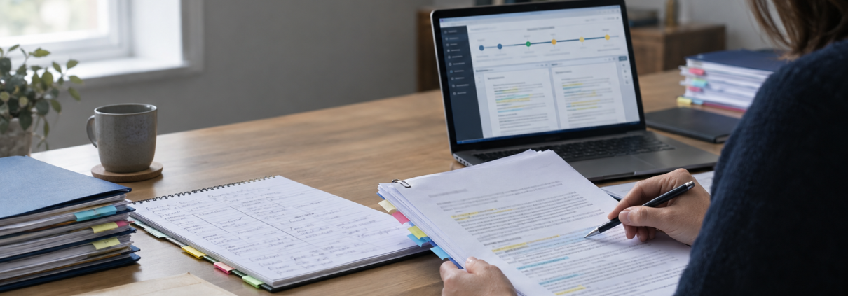 Person reviewing highlighted documents and handwritten notes at a desk beside a laptop
