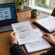 Person reviewing redacted documents beside a laptop displaying a padlock and a timeline chart