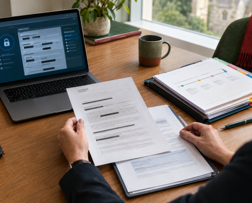 Person reviewing redacted documents beside a laptop displaying a padlock and a timeline chart