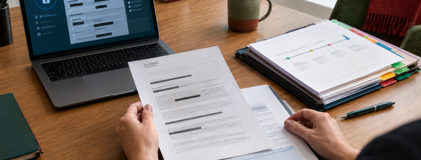 Person reviewing redacted documents beside a laptop displaying a padlock and a timeline chart