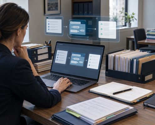 Person working at a desk with a laptop displaying a document workflow, surrounded by folders and paperwork
