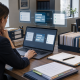 Person working at a desk with a laptop displaying a document workflow, surrounded by folders and paperwork