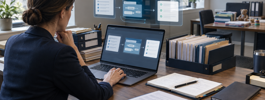Person working at a desk with a laptop displaying a document workflow, surrounded by folders and paperwork