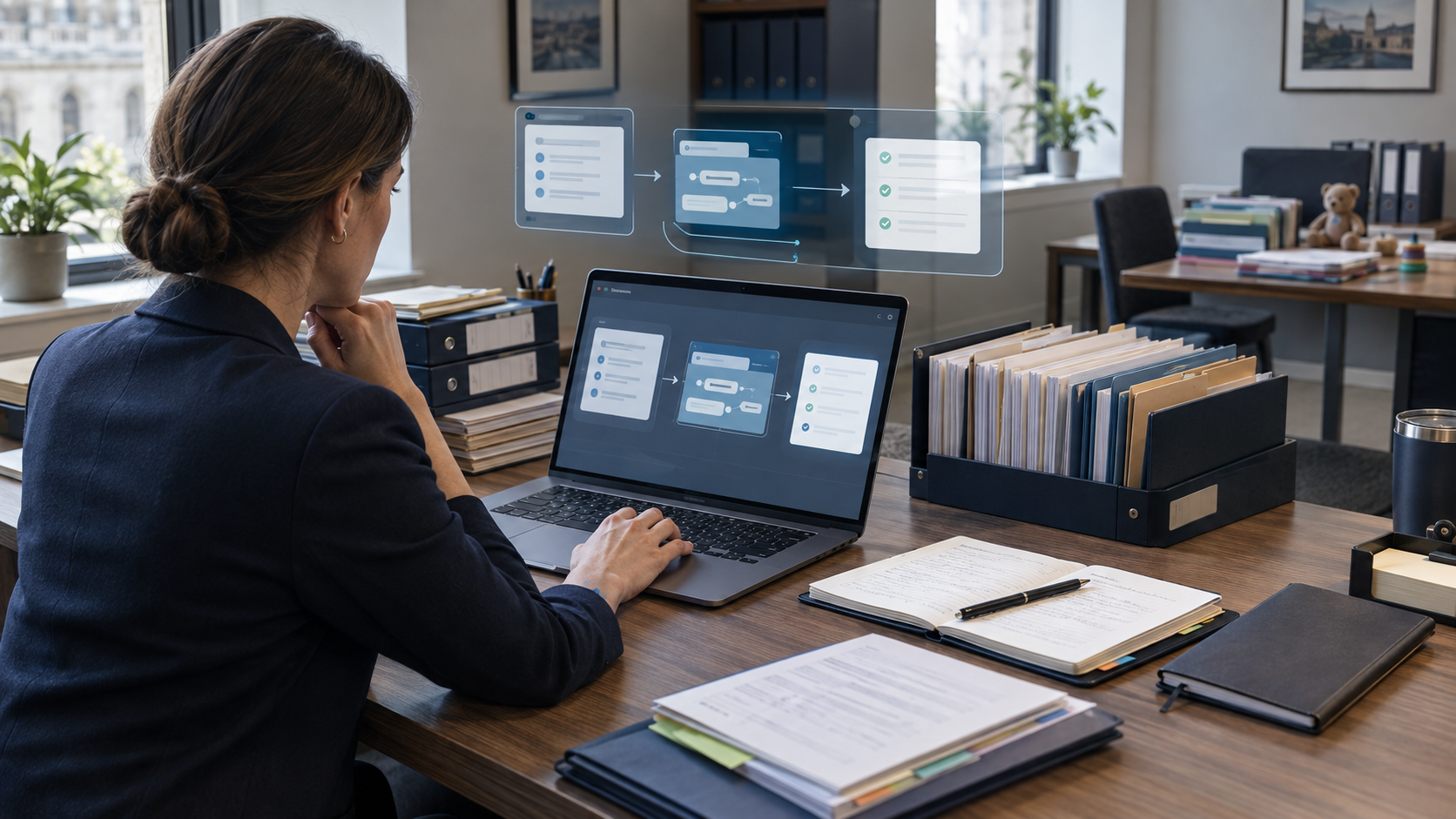 Person working at a desk with a laptop displaying a document workflow, surrounded by folders and paperwork