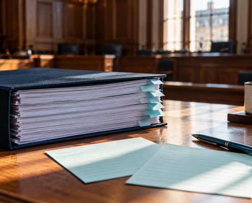 Thick case bundle and handwritten notes on a wooden desk, representing the importance of children's accounts in family court evidence