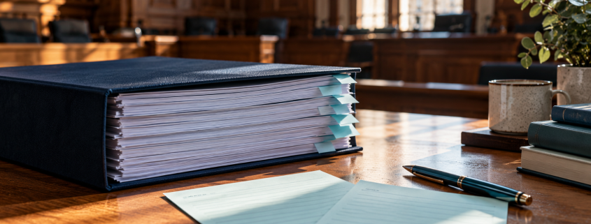 Thick case bundle and handwritten notes on a wooden desk, representing the importance of children's accounts in family court evidence