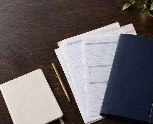 Organised family court paperwork and navy case folder on a desk, representing a respondent preparing Form C7 and C1A.