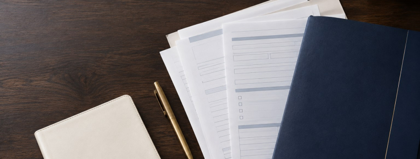 Organised family court paperwork and navy case folder on a desk, representing a respondent preparing Form C7 and C1A.