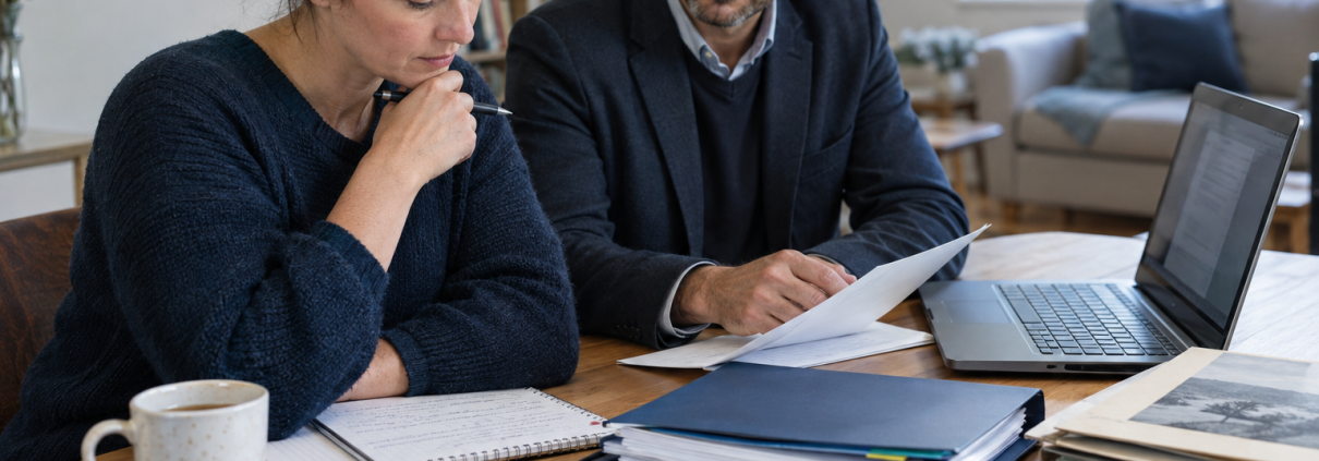 Two adults review documents together at a table beside an open laptop, notebooks and folders