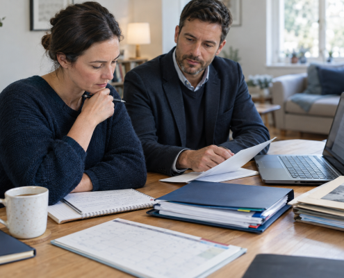 Two adults review documents together at a table beside an open laptop, notebooks and folders