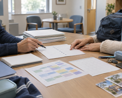 Two people review documents and a timetable at a table, with folders, stationery and a backpack nearby