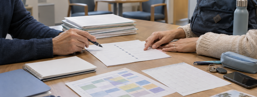 Two people review documents and a timetable at a table, with folders, stationery and a backpack nearby