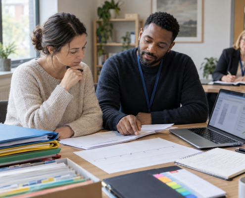 Two people review documents at a desk while a third person works in the background
