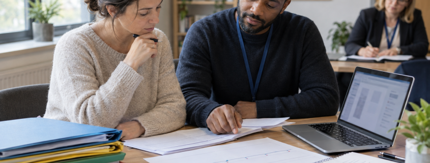 Two people review documents at a desk while a third person works in the background