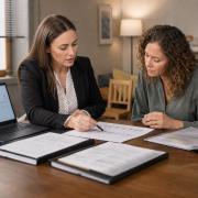 Two people review documents at a table beside a laptop displaying a diagram