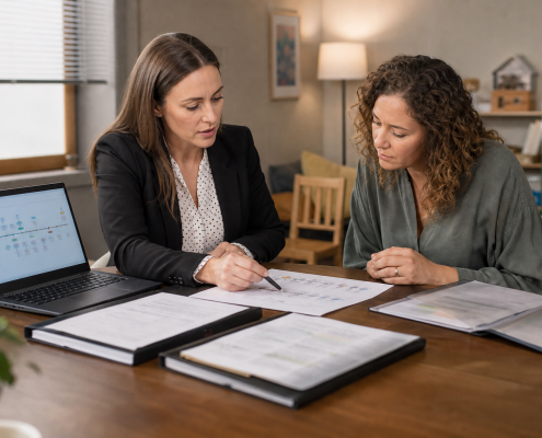 Two people review documents at a table beside a laptop displaying a diagram