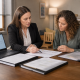 Two people review documents at a table beside a laptop displaying a diagram