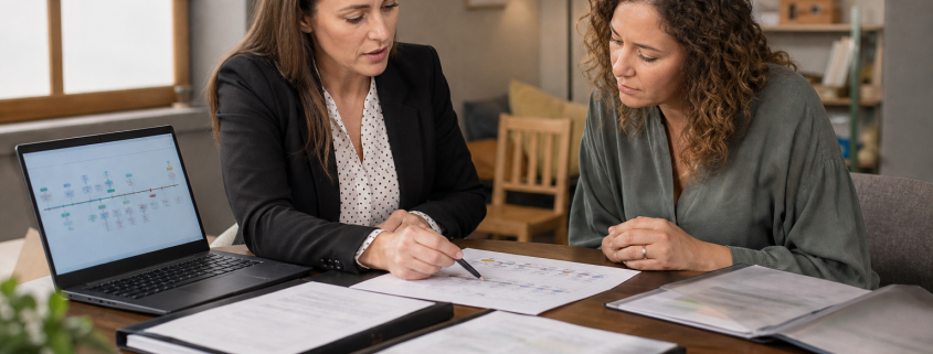 Two people review documents at a table beside a laptop displaying a diagram