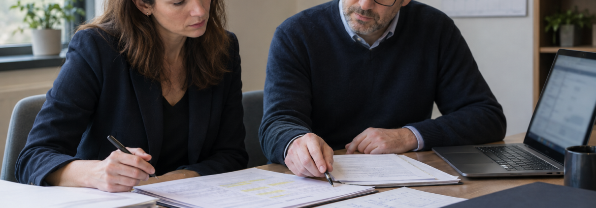 Two people reviewing and annotating documents at a desk with a laptop and organised files