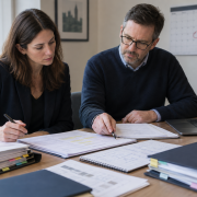 Two people reviewing and annotating documents at a desk with a laptop and organised files