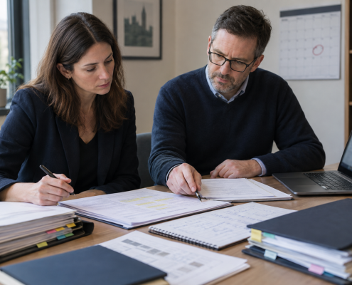 Two people reviewing and annotating documents at a desk with a laptop and organised files