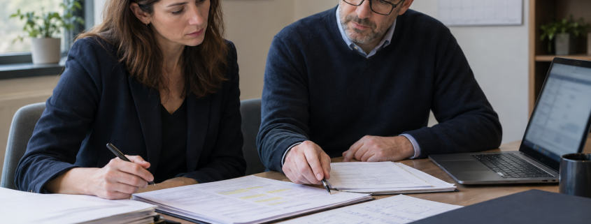 Two people reviewing and annotating documents at a desk with a laptop and organised files