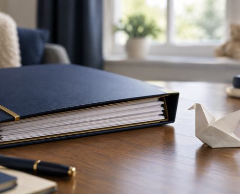 A child's paper origami bird beside an organised navy family court evidence folder, symbolising the importance of children's experiences of domestic abuse.