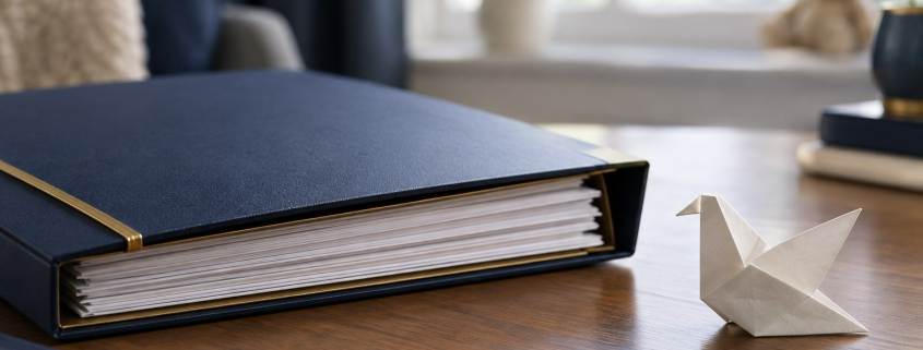 A child's paper origami bird beside an organised navy family court evidence folder, symbolising the importance of children's experiences of domestic abuse.