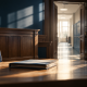 Symbolic editorial image of two empty courtroom chairs, a closed case file, and a sunlit school corridor beyond the doorway.