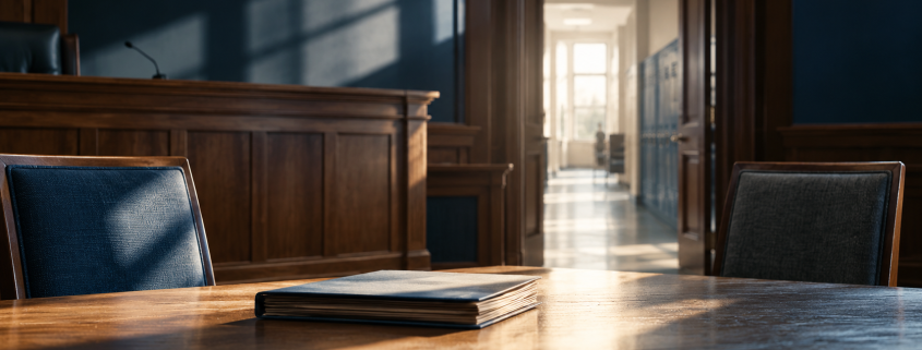 Symbolic editorial image of two empty courtroom chairs, a closed case file, and a sunlit school corridor beyond the doorway.