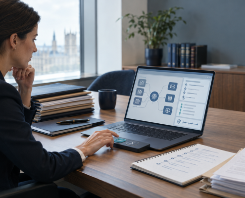 Woman reviewing a laptop displaying a document workflow and checklist at a desk