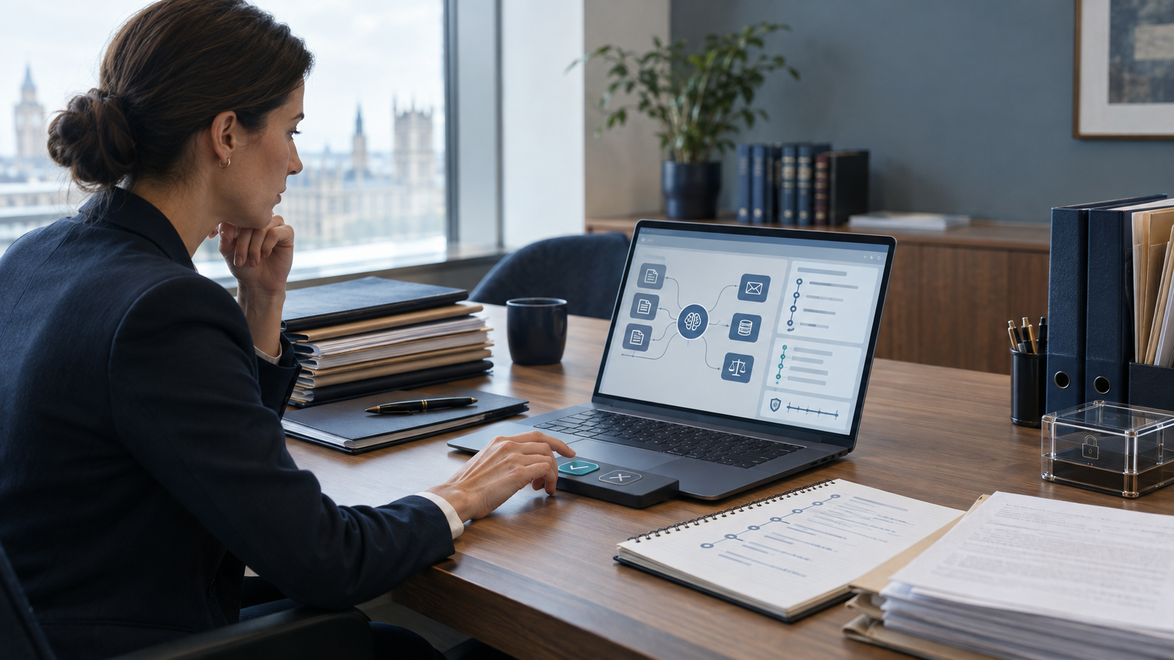 Woman reviewing a laptop displaying a document workflow and checklist at a desk