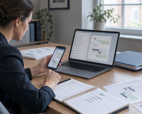 Woman reviewing messages on a smartphone and laptop at a desk with documents