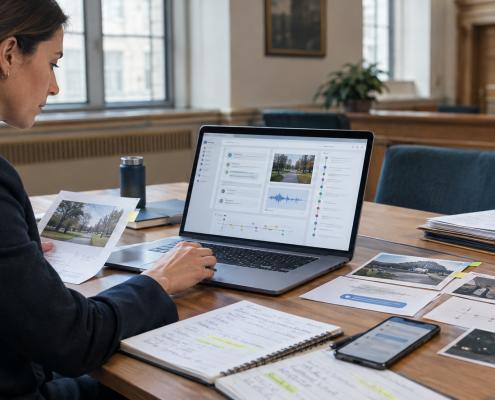 Woman working at a laptop surrounded by printed photographs, charts and notes in a wood-panelled room
